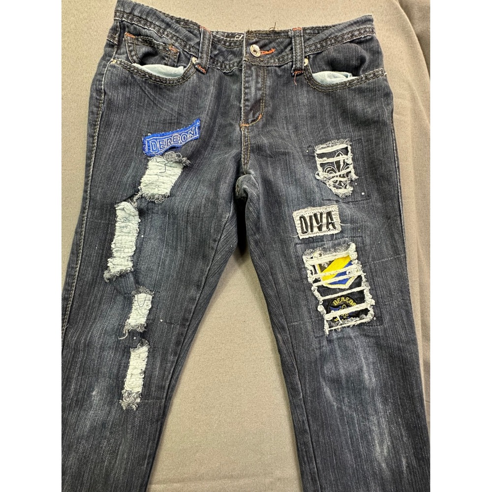 Dereon Women Dark Wash Distressed Patchwork Diva Denim Jeans Y2K Streetwear 9/10